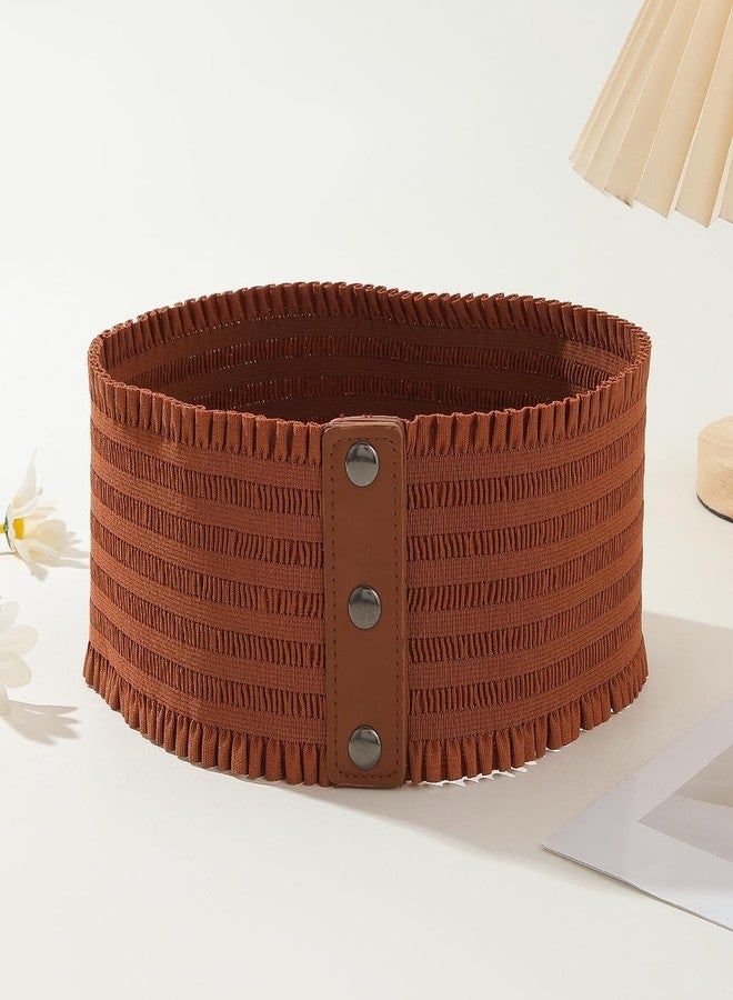 Kawailay Women's Wide Elastic Belt Vintage Cinch Waistband Snap Button Corset Waist Band for Dress - Brown - Image 4